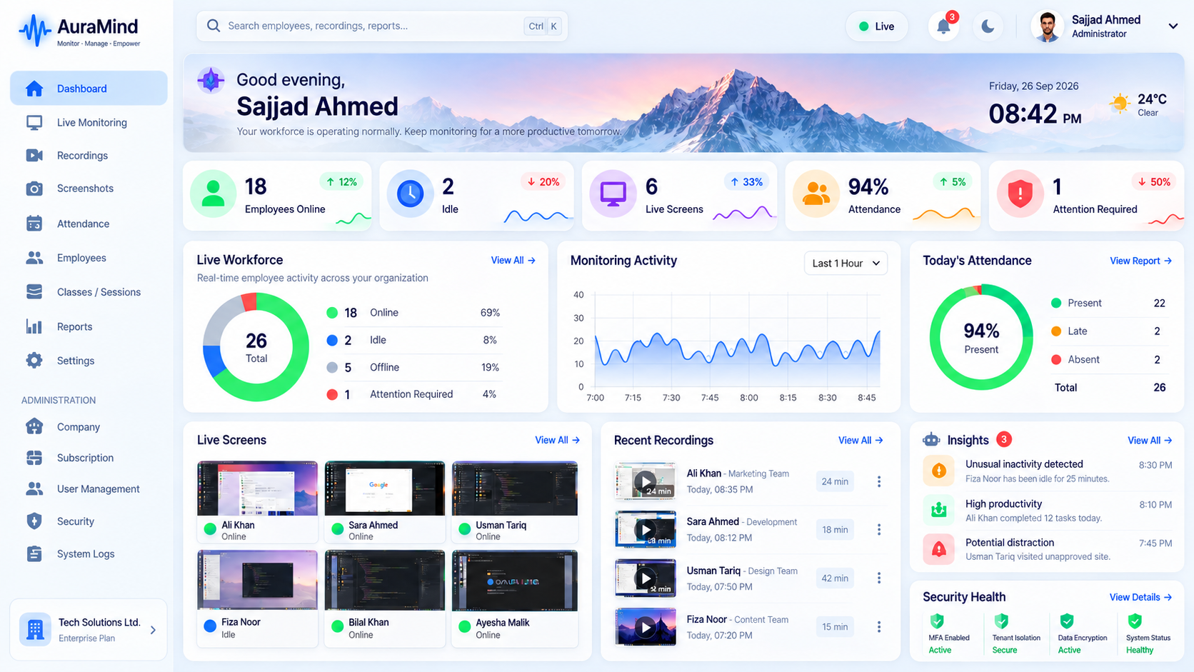 Operations leader reviewing AuraMind business pulse, workflow risk and management insights